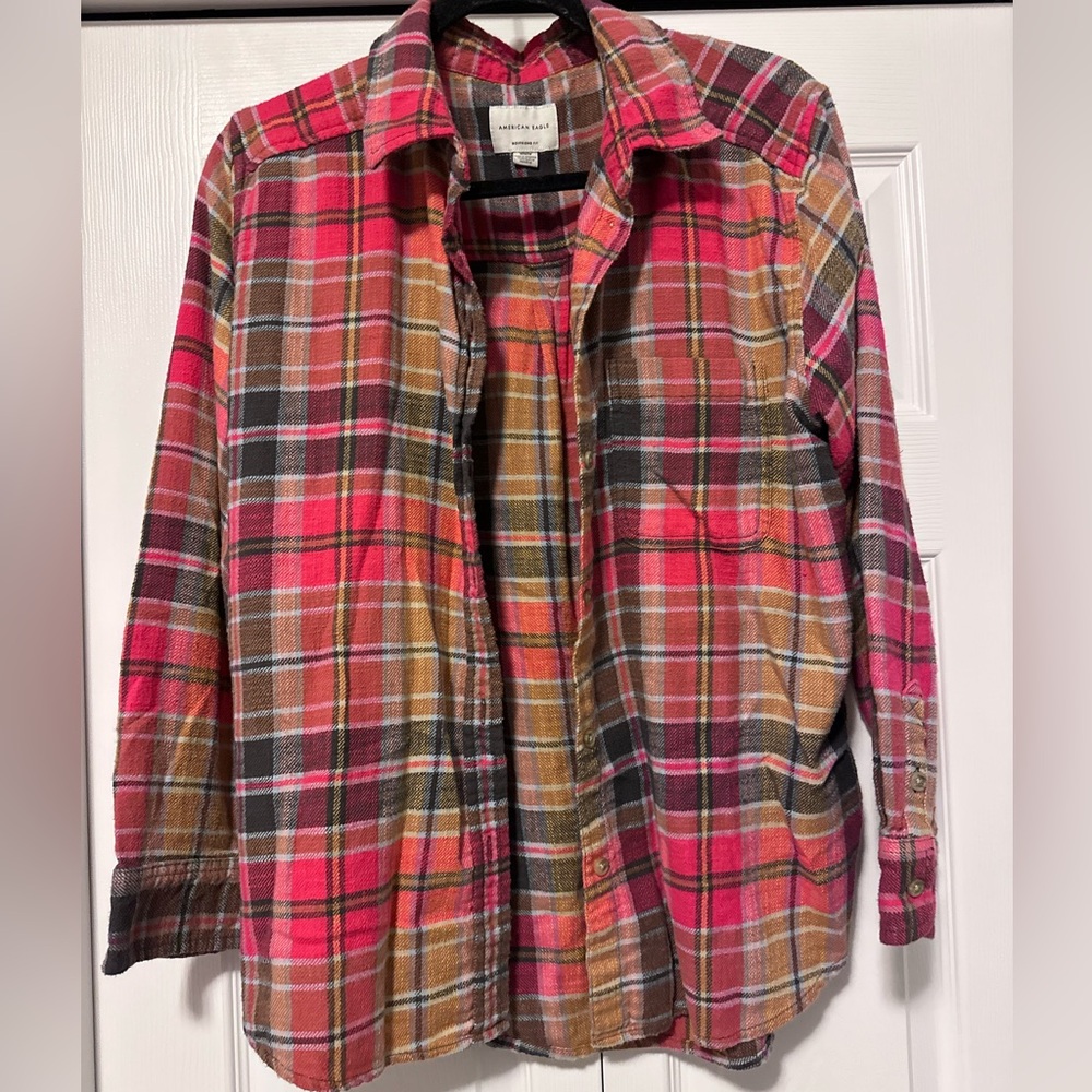 American Eagle Outfitters Pink and Brown Plaid Shirt